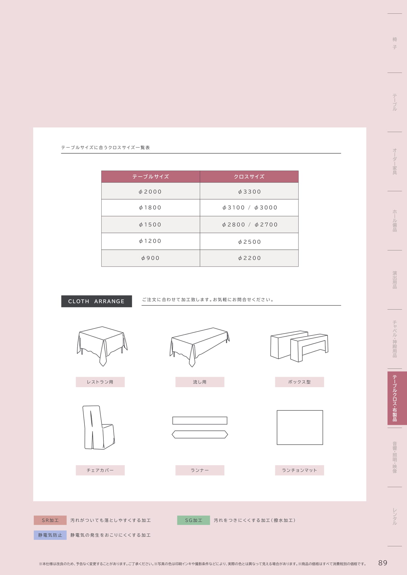 89 Page　コボリ　テーブルクロス　サイズ一覧表